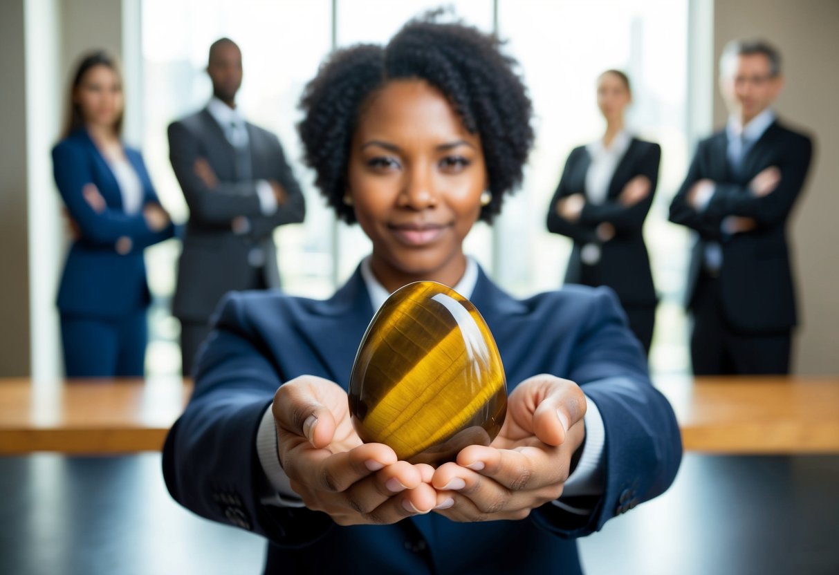 A person holding a tiger's eye stone while standing confidently in front of a challenging situation