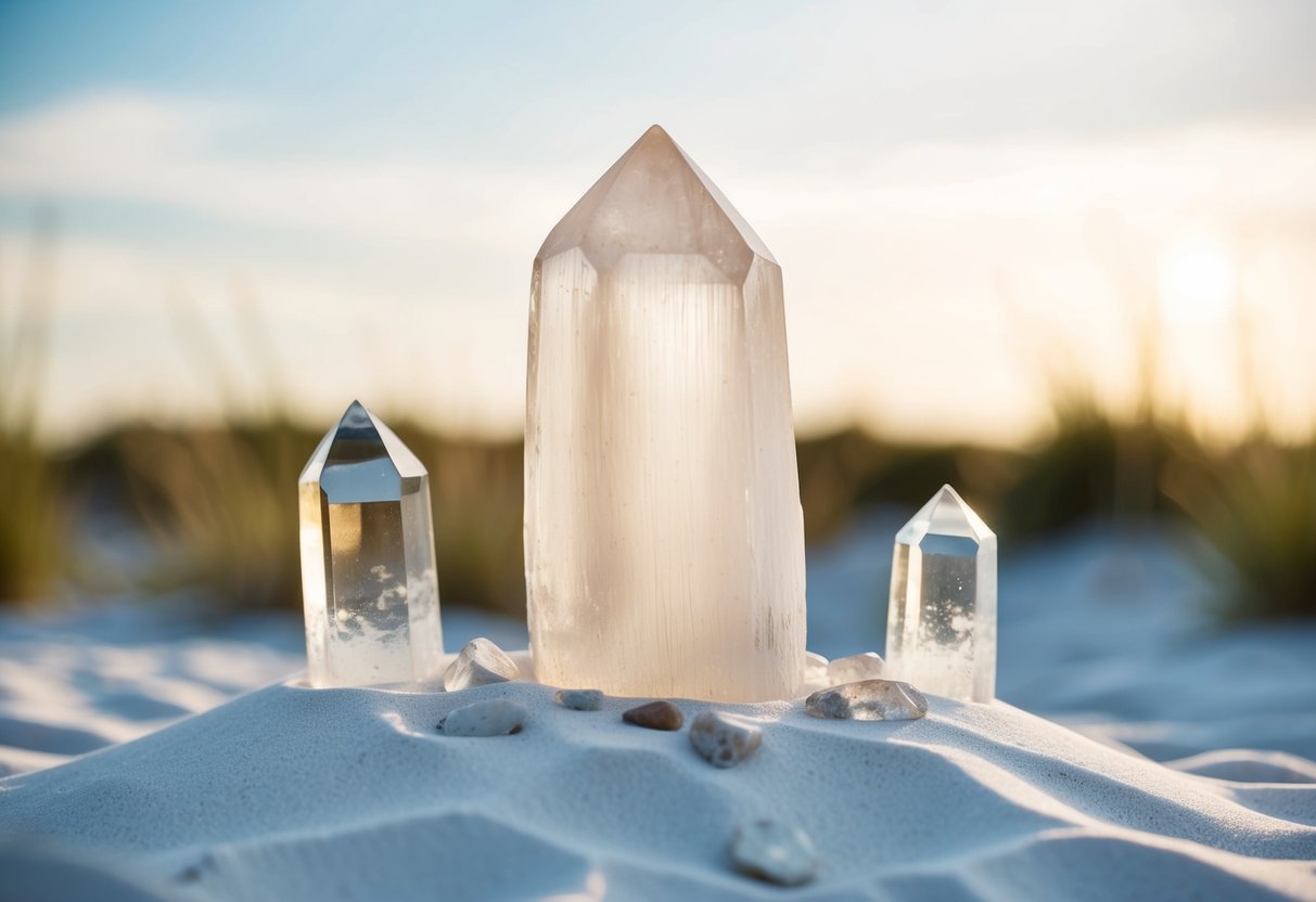 A selenite crystal sits on a bed of white sand, surrounded by clear quartz points. A soft glow emanates from the selenite, casting a tranquil and purifying aura