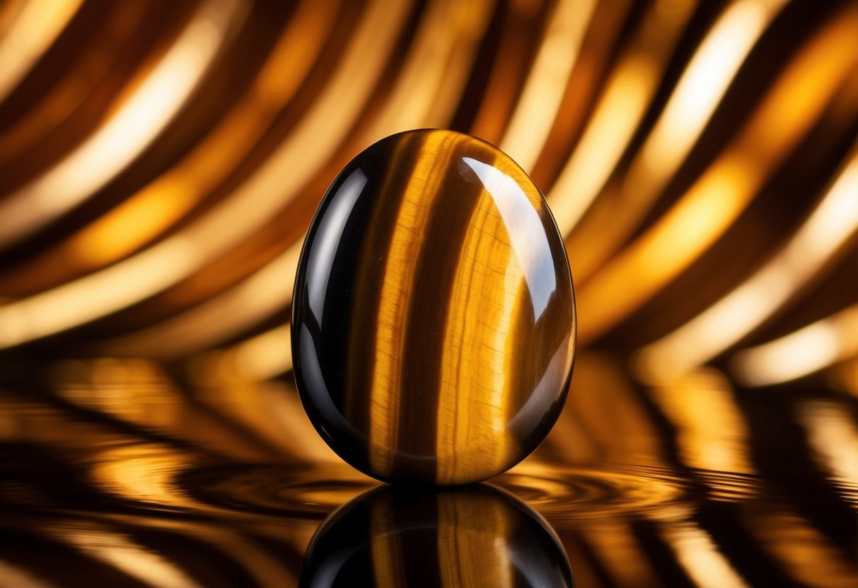 A majestic tiger's eye gemstone, radiating strength and determination, set against a backdrop of swirling golden and brown hues