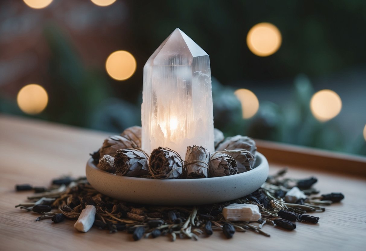 A serene selenite crystal sits atop a bed of dried sage, emitting a soft glow as it purifies the surrounding space