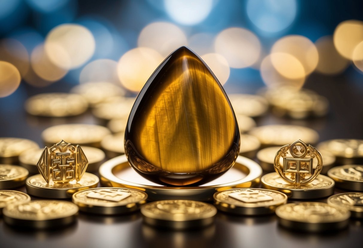 A majestic tiger's eye gemstone surrounded by symbols of wealth and prosperity, exuding courage and confidence