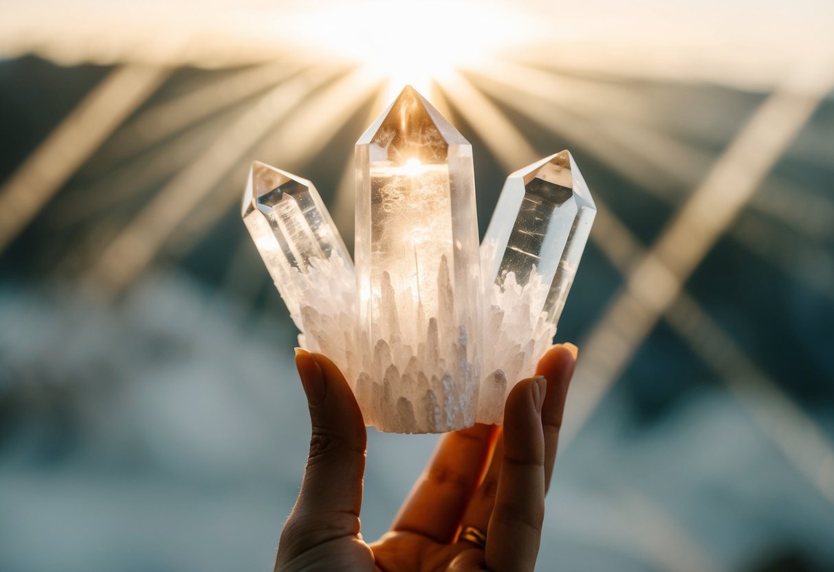 A selenite crystal surrounded by beams of light, radiating a sense of purification and clarity
