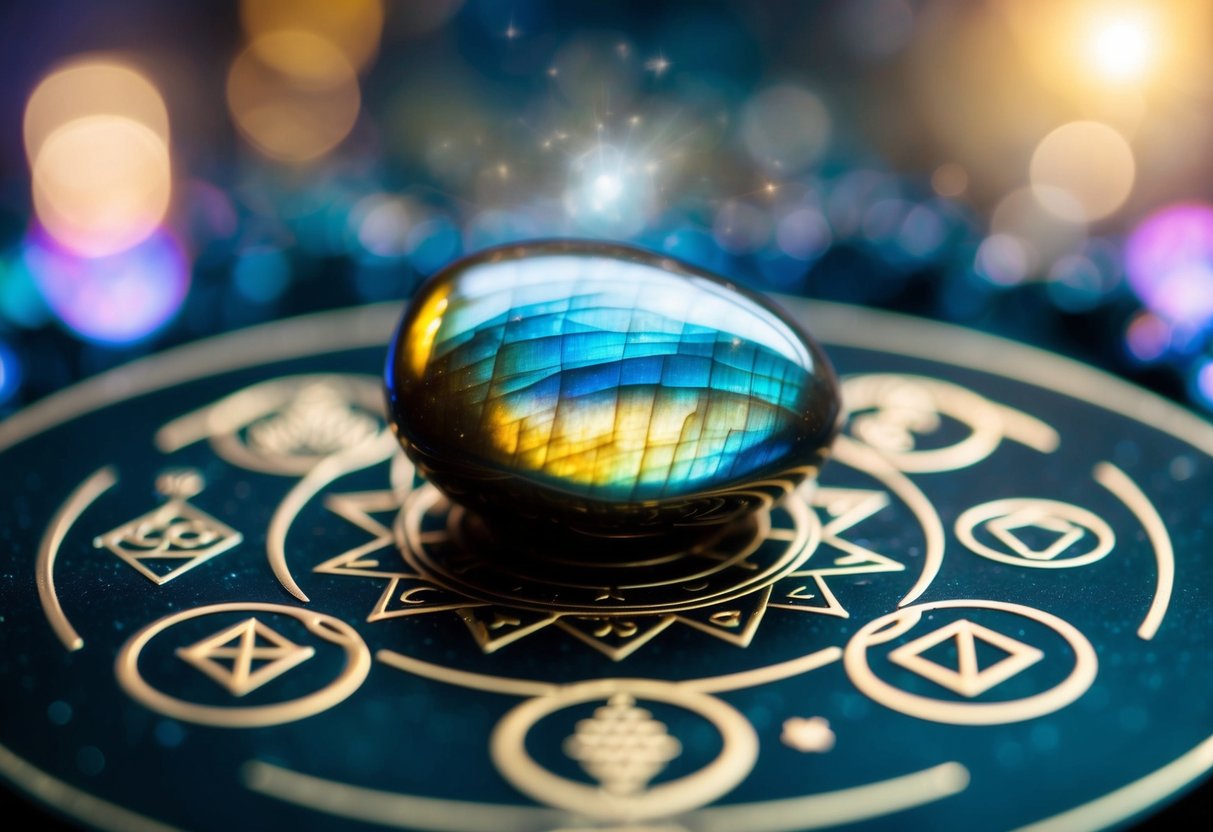 A shimmering labradorite stone reflects iridescent colors, surrounded by mystical symbols and glowing with an otherworldly energy