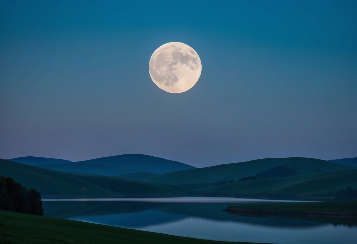 A serene night sky with a full moon casting a soft, ethereal glow over a tranquil landscape of rolling hills and a calm, reflective body of water