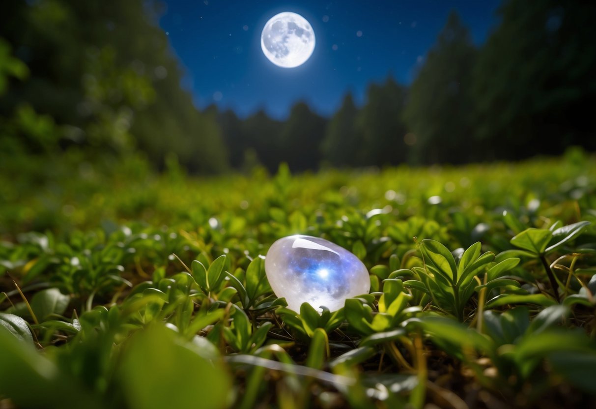 A serene forest clearing under a full moon, with a sparkling moonstone nestled among lush greenery