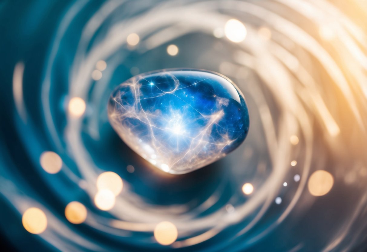 A moonstone glows with ethereal light, surrounded by swirling cosmic energy and symbols of new beginnings and intuition