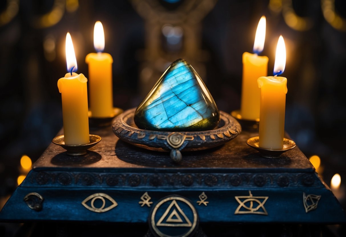 A shimmering Labradorite stone sits atop an ancient altar, surrounded by flickering candles and mystical symbols