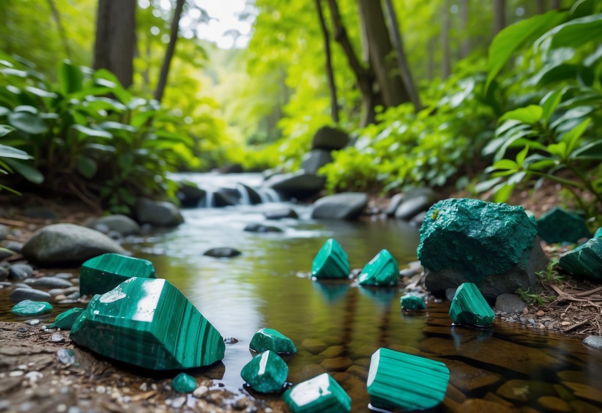 A serene forest clearing with a tranquil stream, surrounded by lush greenery and vibrant malachite crystals embedded in the earth