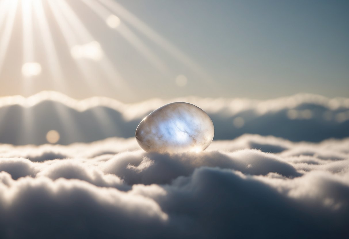 A serene moonstone resting on a bed of soft, ethereal clouds, surrounded by gentle beams of moonlight