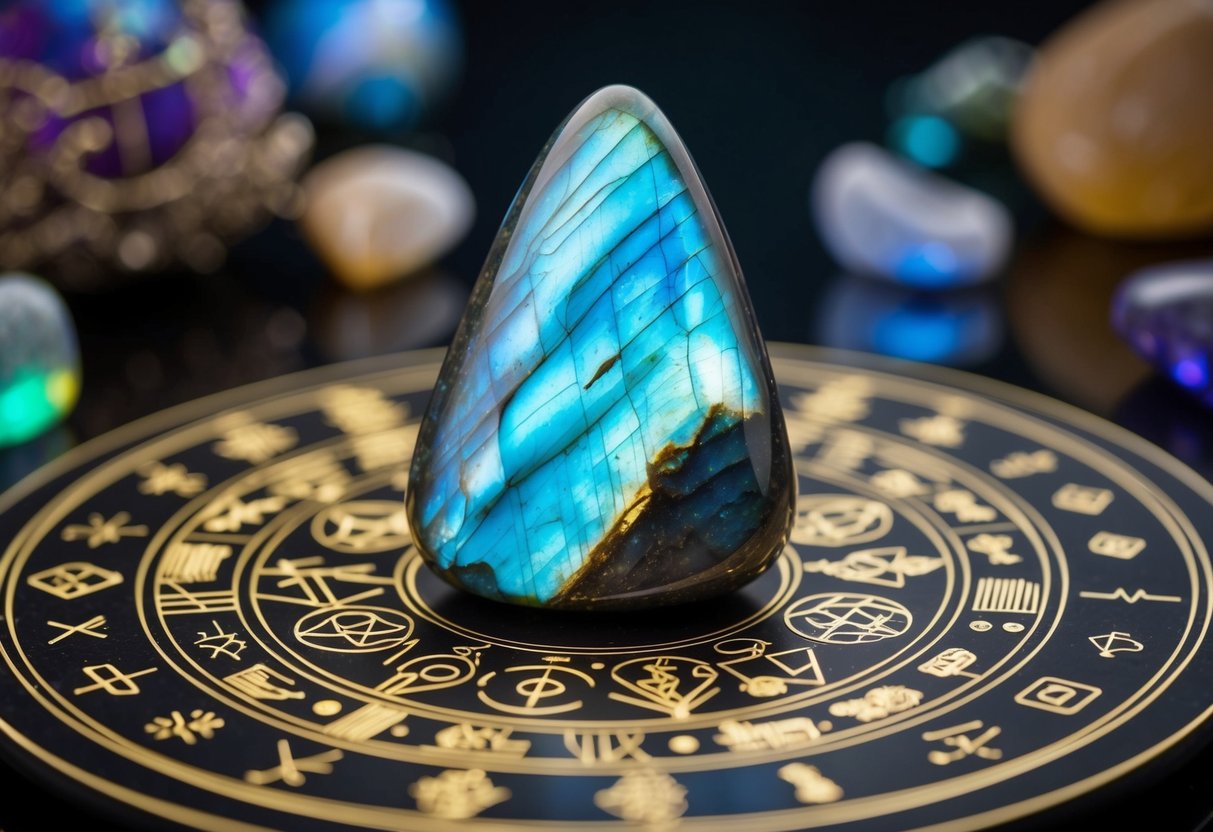 A shimmering labradorite stone emits iridescent hues, surrounded by mystical symbols and natural elements