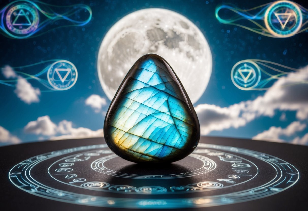 A shimmering labradorite stone reflects iridescent colors under a moonlit sky, surrounded by mystical symbols and swirling energy