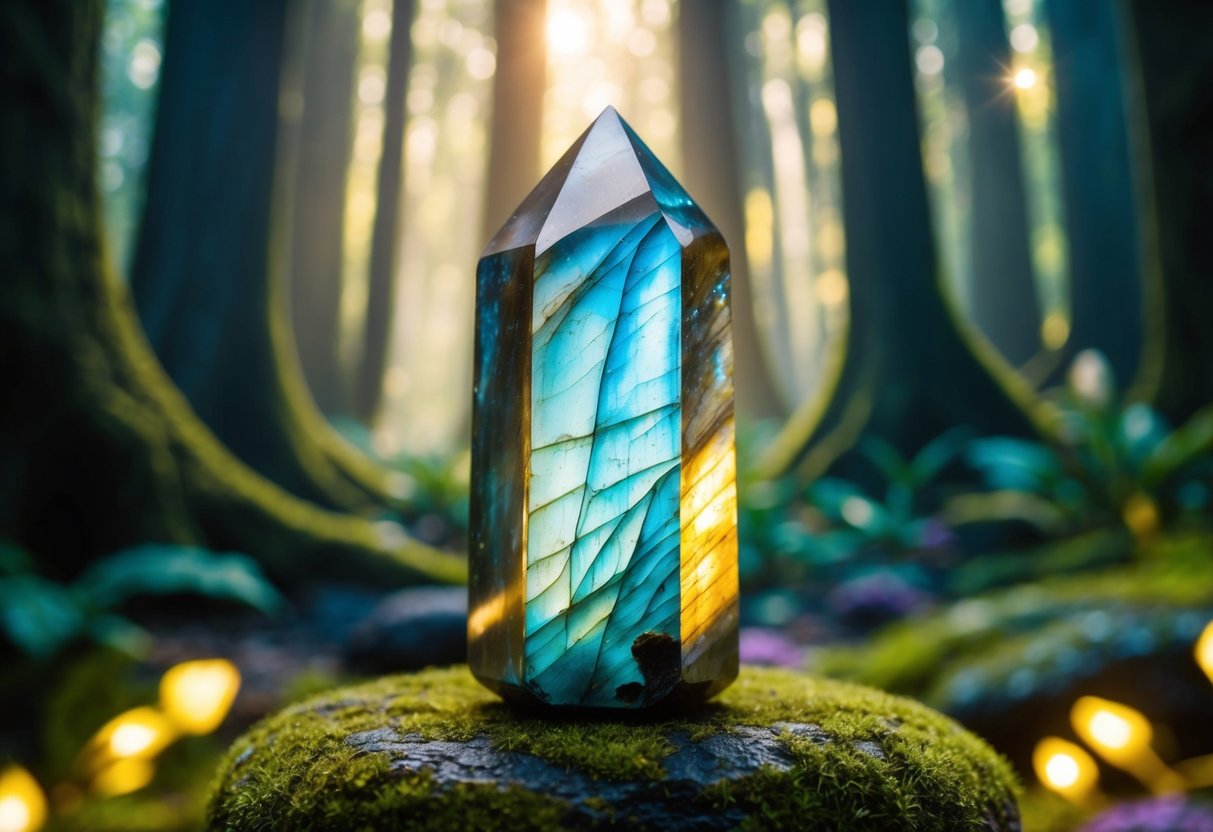 A shimmering labradorite crystal emits iridescent hues, surrounded by a mystical forest of towering trees and glowing flora