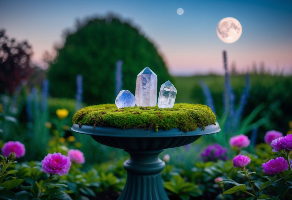 A tranquil garden with moonstone crystals placed on a moss-covered pedestal, surrounded by blooming flowers under a serene moonlit sky