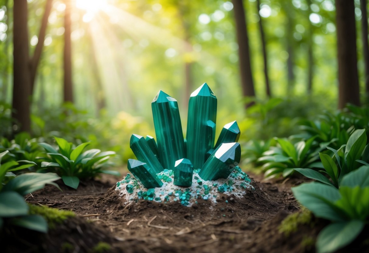 A serene forest clearing with vibrant malachite crystals emerging from the earth, surrounded by lush greenery and soft sunlight filtering through the trees