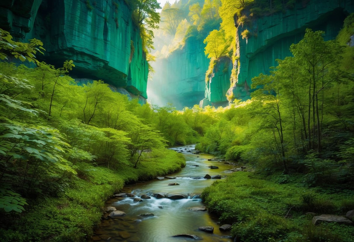 A serene forest glade, bathed in soft green light, with a tranquil stream flowing through, surrounded by towering malachite formations