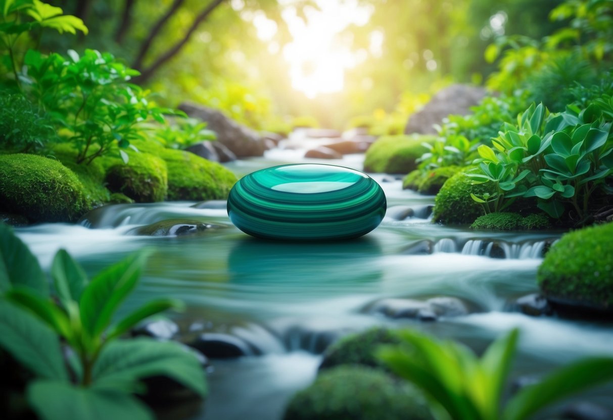 A serene landscape with a malachite stone at the center, surrounded by vibrant greenery and flowing water, evoking emotional healing and transformation