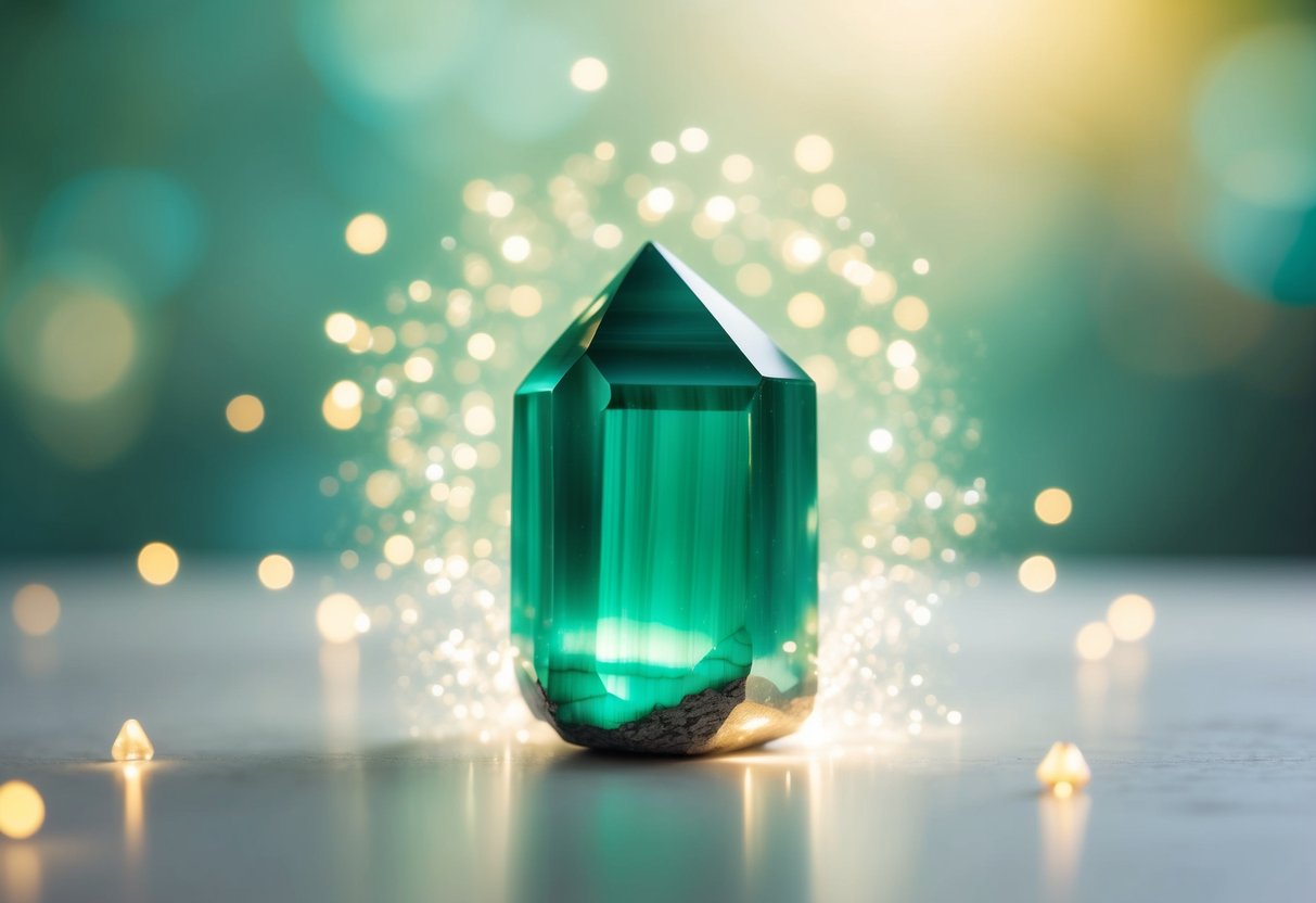 A serene, green-hued malachite crystal surrounded by soft, glowing light, emanating a sense of emotional healing and transformation