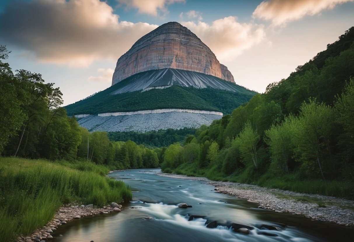 A towering mountain of hematite, surrounded by lush greenery and a calm, flowing river