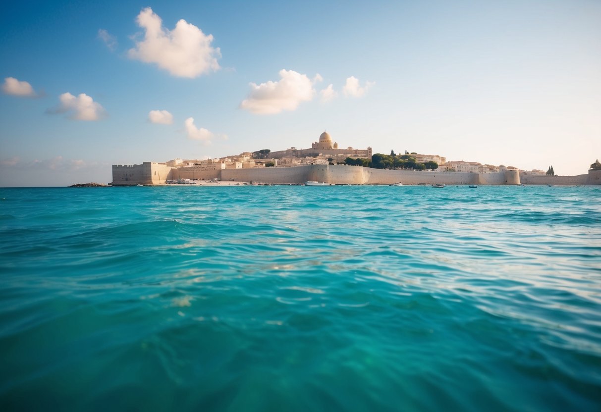 A serene ocean scene with aquamarine waters and a peaceful, ancient city in the background, evoking a sense of calm and tranquility