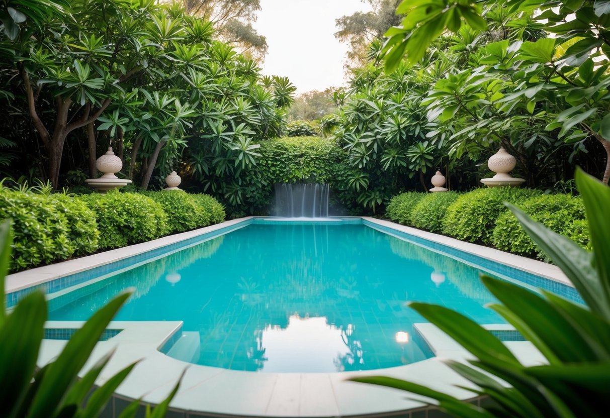 A tranquil aquamarine pool surrounded by lush greenery, emanating a soothing and healing energy