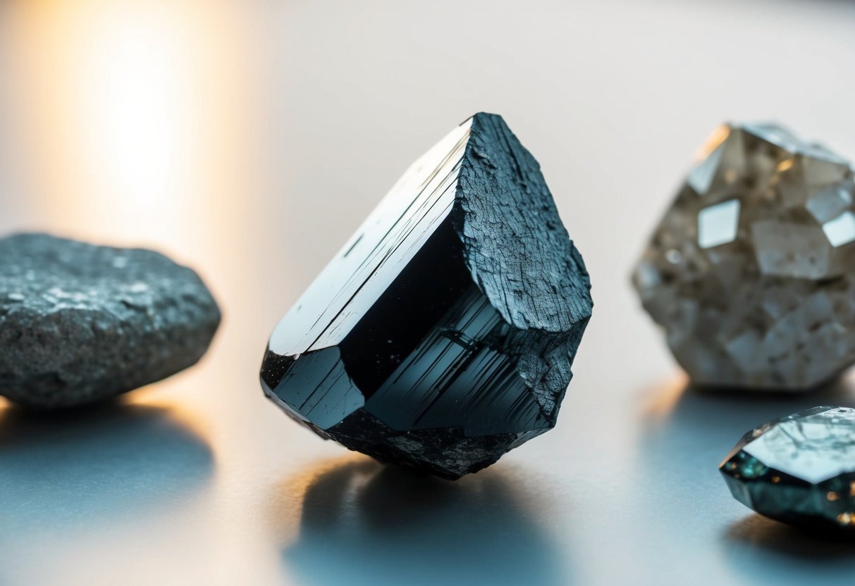A solid hematite crystal sits on a flat surface, surrounded by other mineral specimens. The crystal's surface is smooth and reflects light, indicating its strength and stability