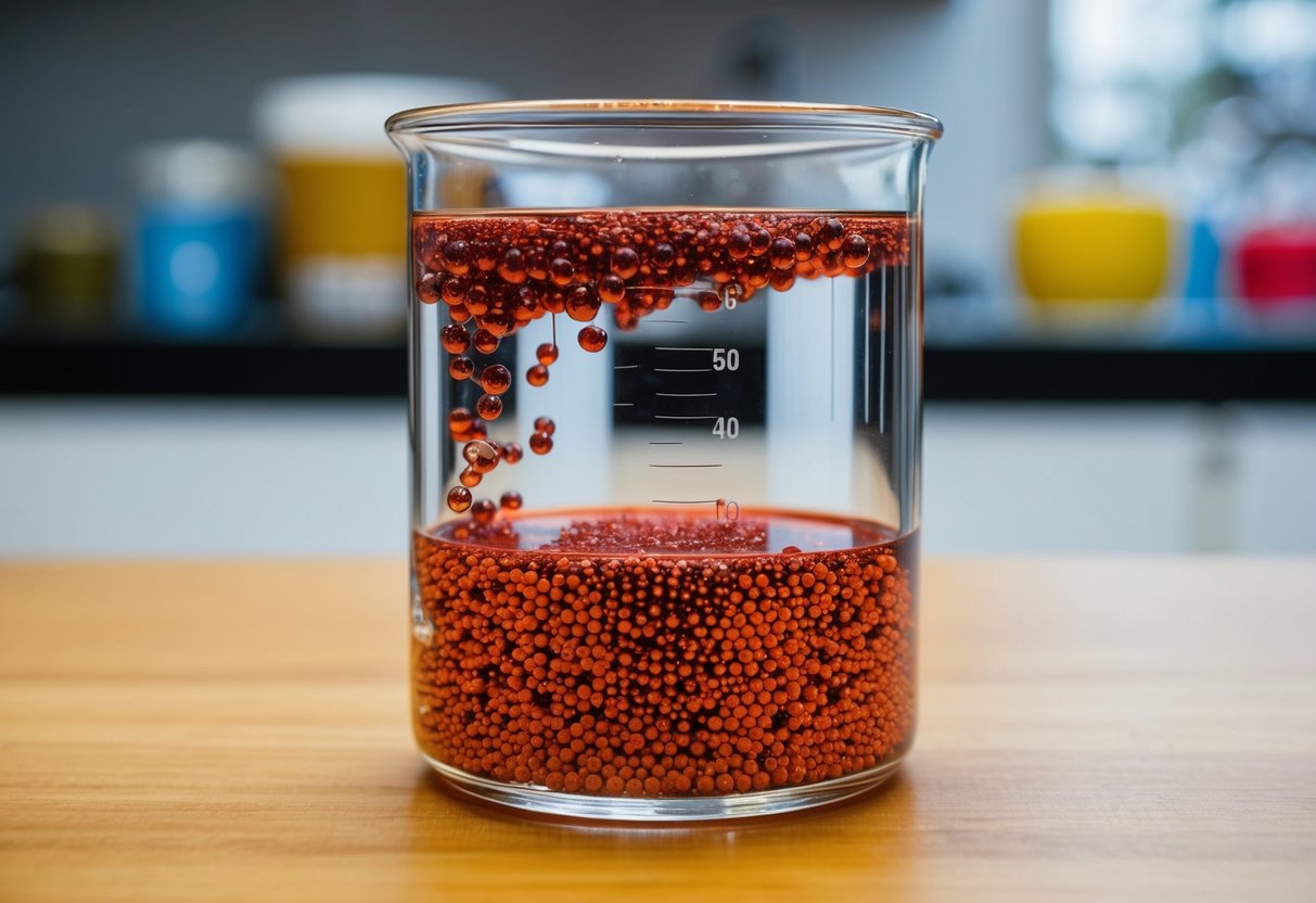 A beaker filled with red hematite nanoparticles suspended in a clear liquid, showing colloidal behavior