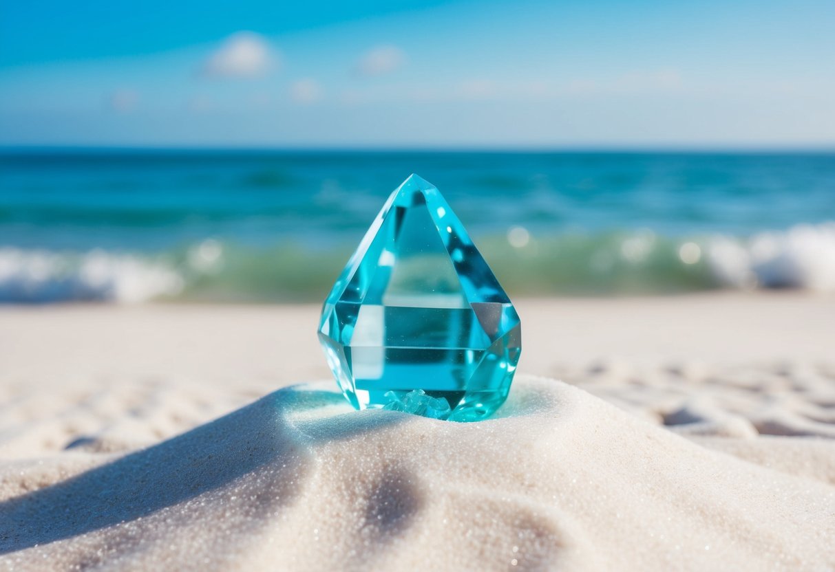 A serene aquamarine crystal sits on a bed of soft, white sand, surrounded by gentle waves and a clear blue sky, emanating a calming and soothing energy