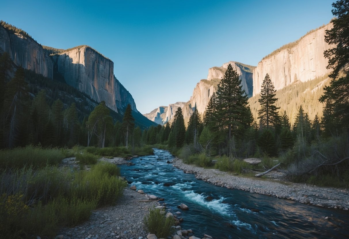 A tranquil forest with a flowing stream, surrounded by towering hematite cliffs under a clear blue sky