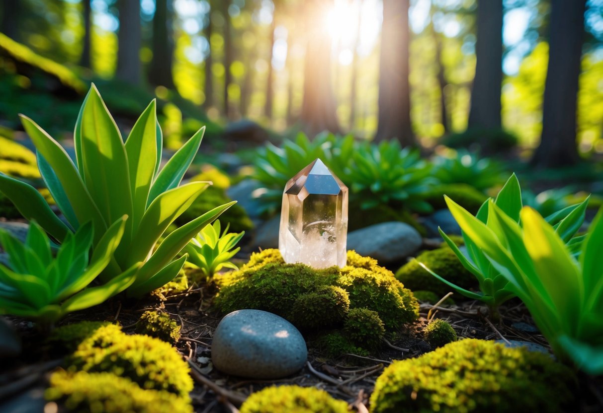 A serene forest clearing with a smoky quartz crystal nestled among moss-covered rocks and surrounded by vibrant green plants. Sunlight filters through the trees, casting a warm glow on the scene