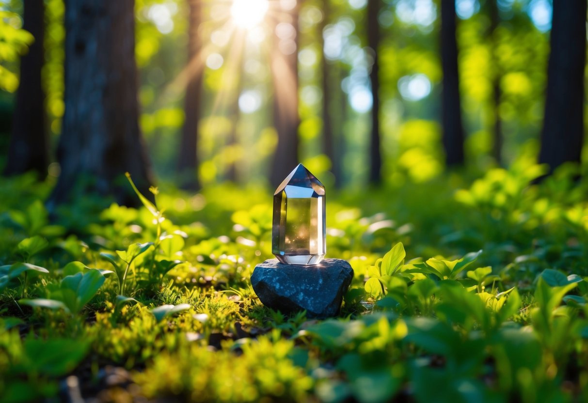 A serene forest clearing with a smoky quartz crystal at the center, surrounded by lush greenery and dappled sunlight filtering through the trees
