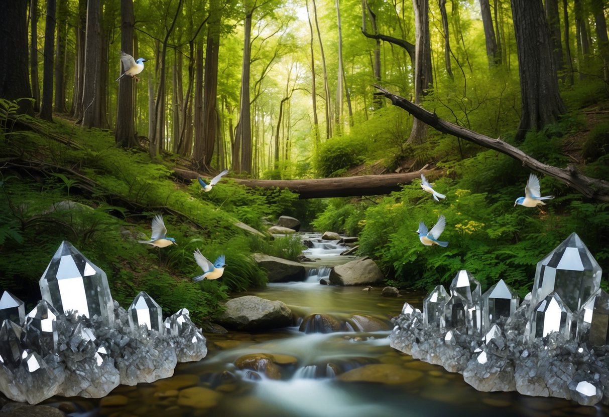 A serene forest clearing, with a stream flowing and birds chirping, surrounded by smoky quartz crystals embedded in the earth