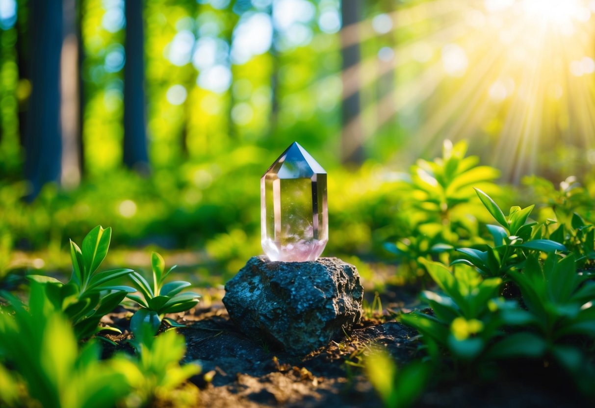 A serene forest clearing with a smoky quartz crystal surrounded by vibrant greenery and beams of sunlight, evoking a sense of grounding and detoxification
