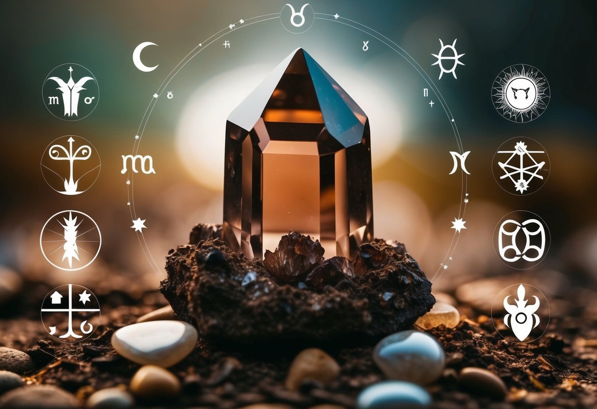 A smoky quartz crystal surrounded by earthy elements, emitting a sense of grounding and detoxification, with zodiac symbols and astrological imagery intertwined