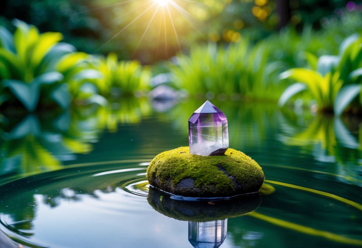 A tranquil pond surrounded by lush greenery, with a single fluorite crystal resting on a moss-covered rock, radiating a calming energy
