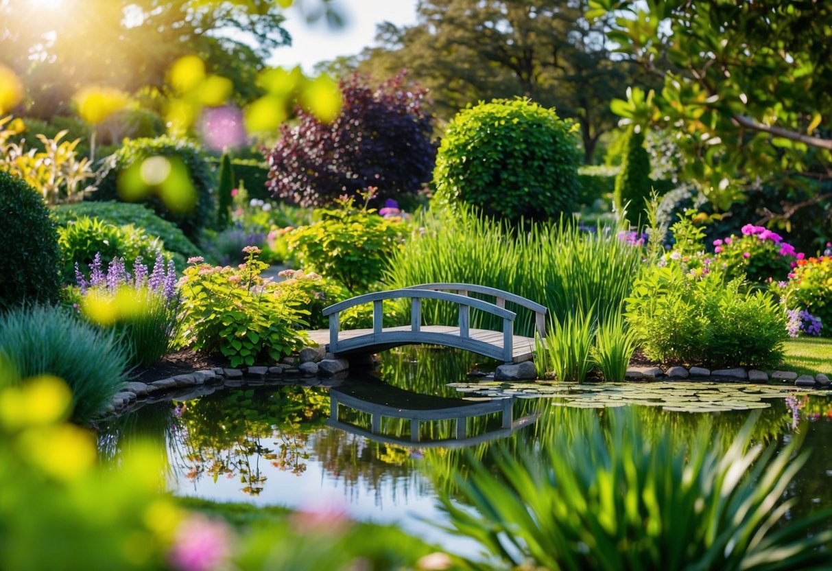 A tranquil garden with a pond, surrounded by lush greenery and blooming flowers, with a small bridge crossing the water