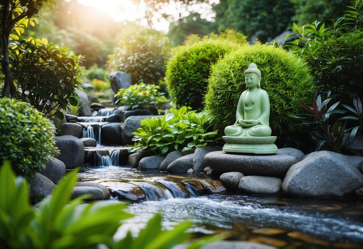 A tranquil garden with a flowing stream, lush greenery, and a serene atmosphere, with a prominent jade statue symbolizing harmony and balance