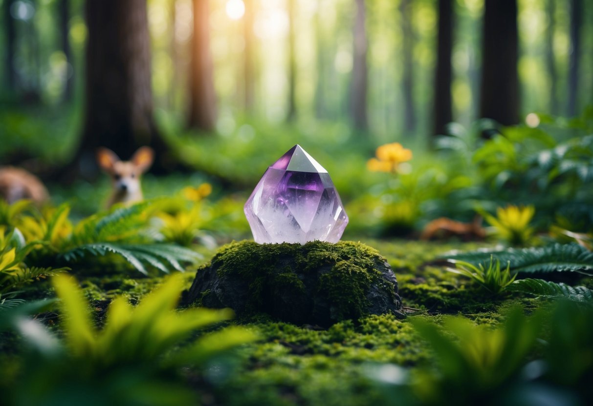 A serene forest clearing with a fluorite crystal at the center, emitting a soft, calming glow, surrounded by vibrant greenery and peaceful wildlife