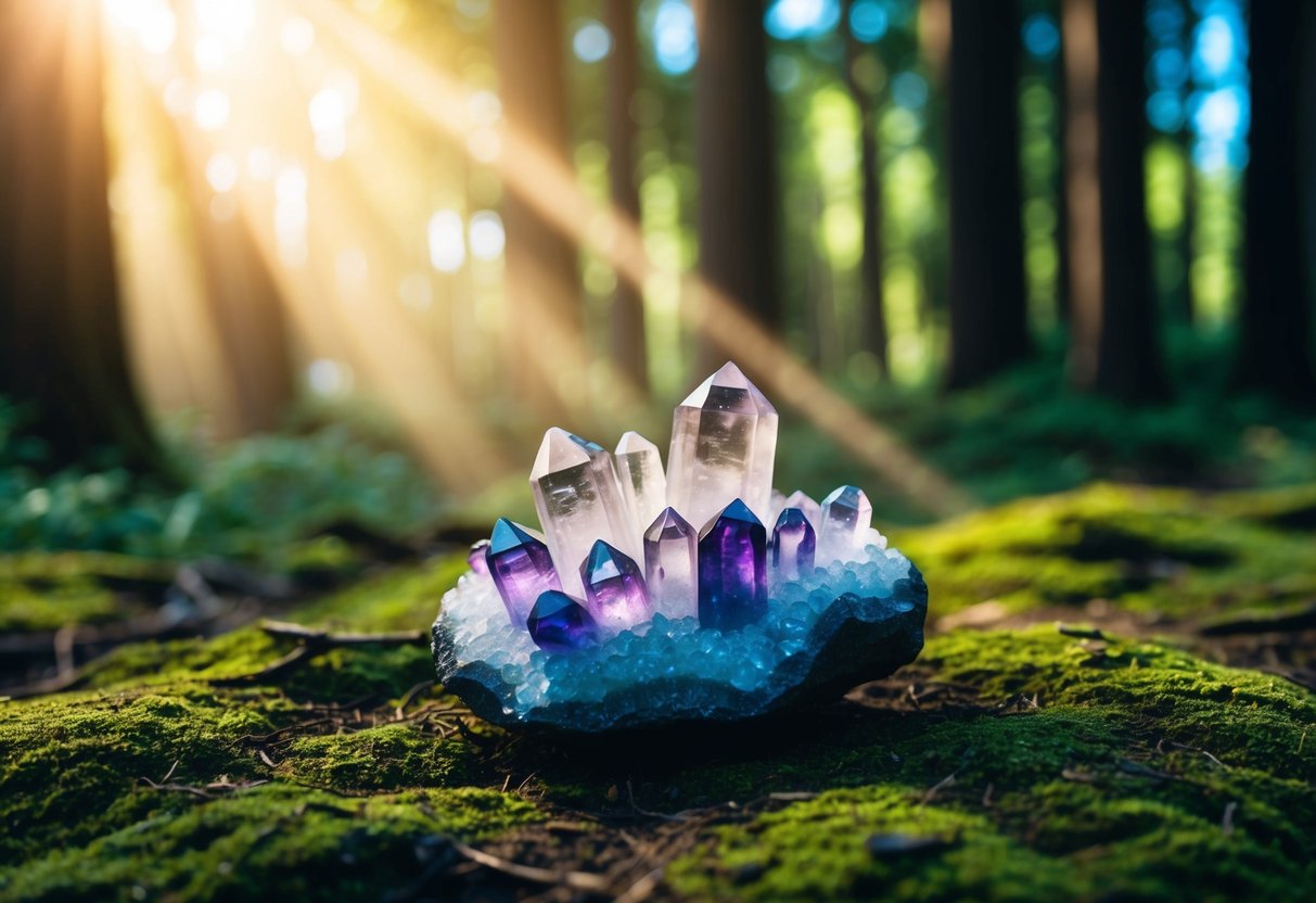 A serene forest clearing with a beam of light illuminating a cluster of fluorite crystals, emanating a sense of focus and mental clarity