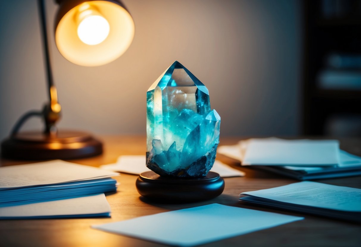 A fluorite crystal sits on a desk, surrounded by scattered papers and a glowing lamp, casting a soft, focused light on its vibrant, translucent surface
