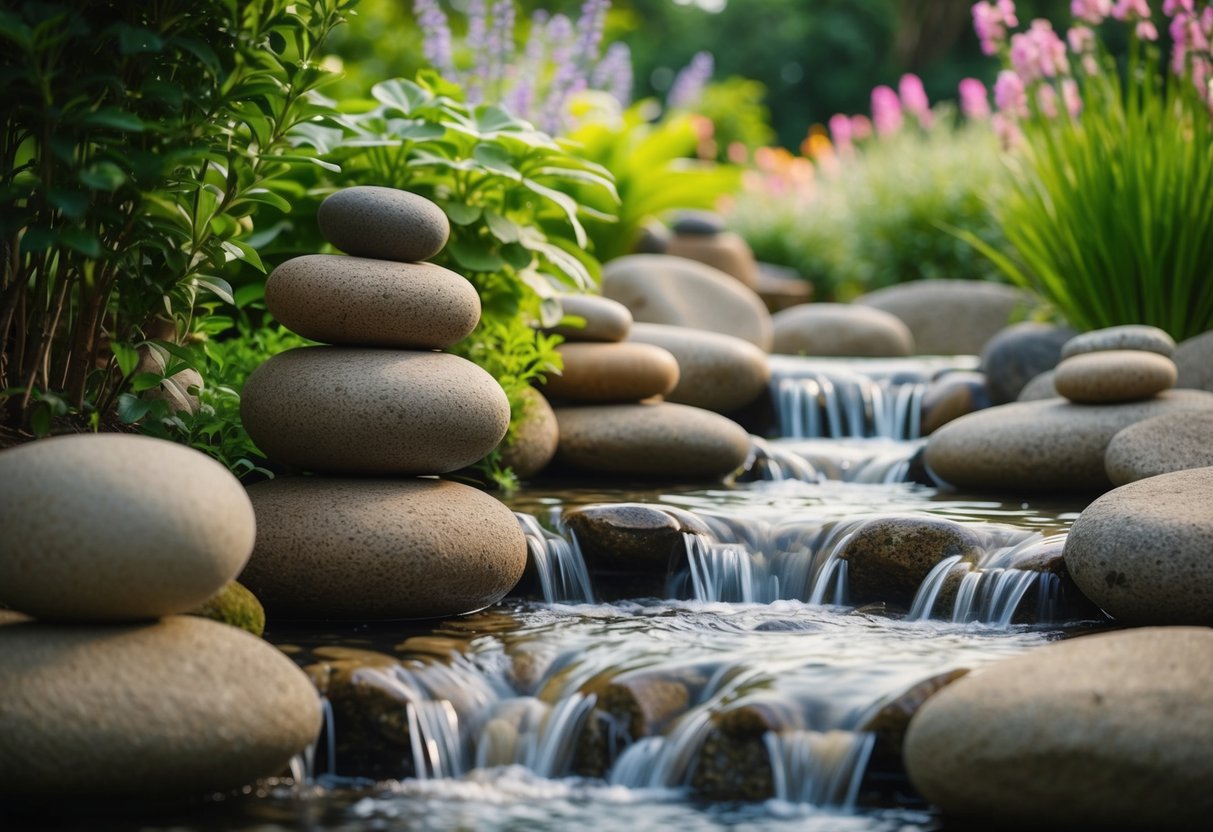A peaceful garden with flowing water, balanced stones, and lush greenery