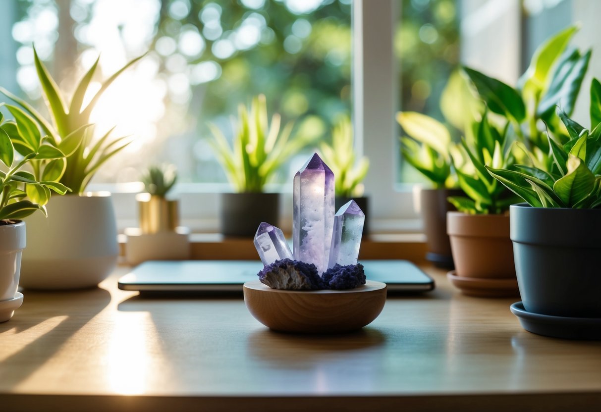 A tranquil scene of a desk bathed in natural light, adorned with fluorite crystals and surrounded by green plants, evoking a sense of focus and mental clarity