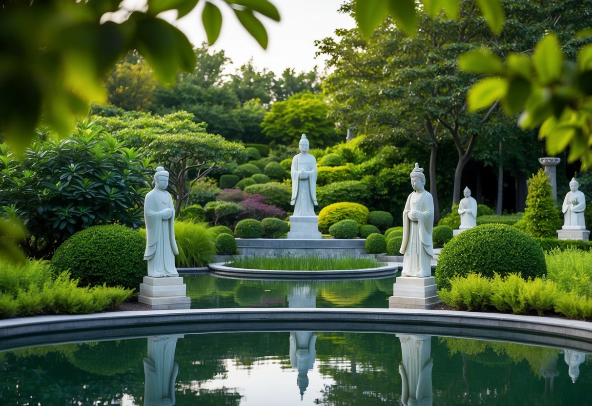 A serene garden with jade statues, a tranquil pond, and lush greenery, representing harmony and balance in different world cultures
