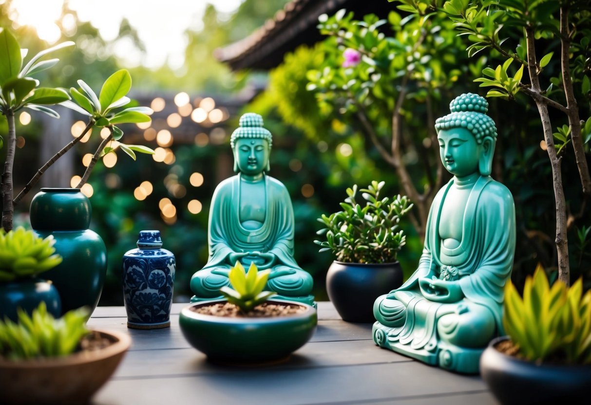 A serene garden with jade statues, plants, and decor, creating a peaceful and balanced atmosphere