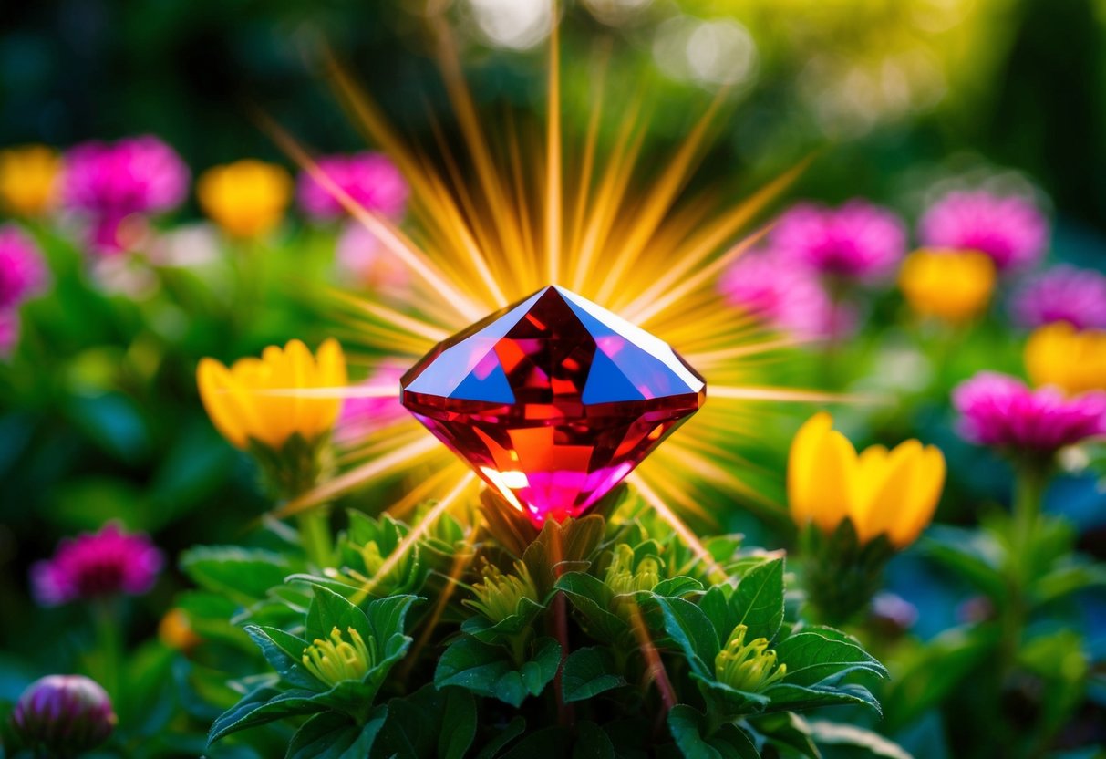 A vibrant garnet crystal radiates energy, surrounded by lush greenery and blooming flowers