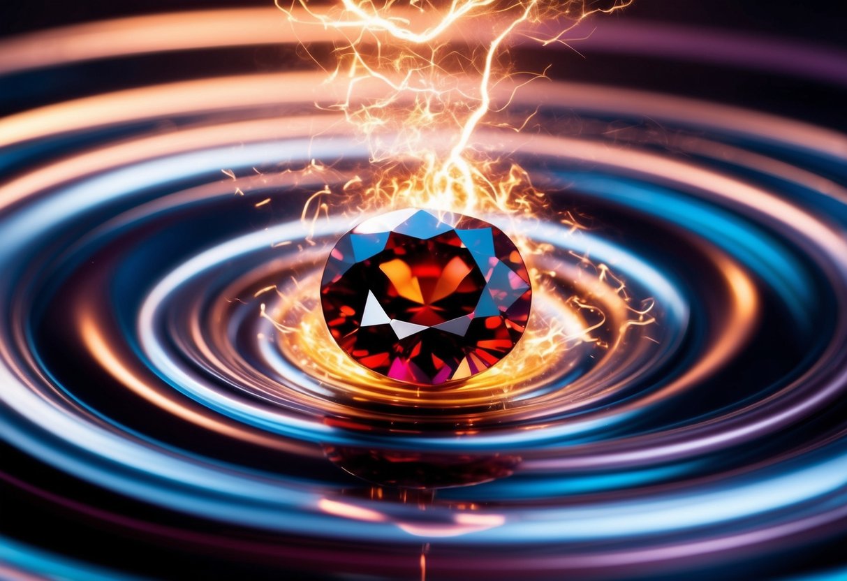 A vibrant garnet gemstone surrounded by swirling energy, emitting a powerful aura of revitalization and renewal
