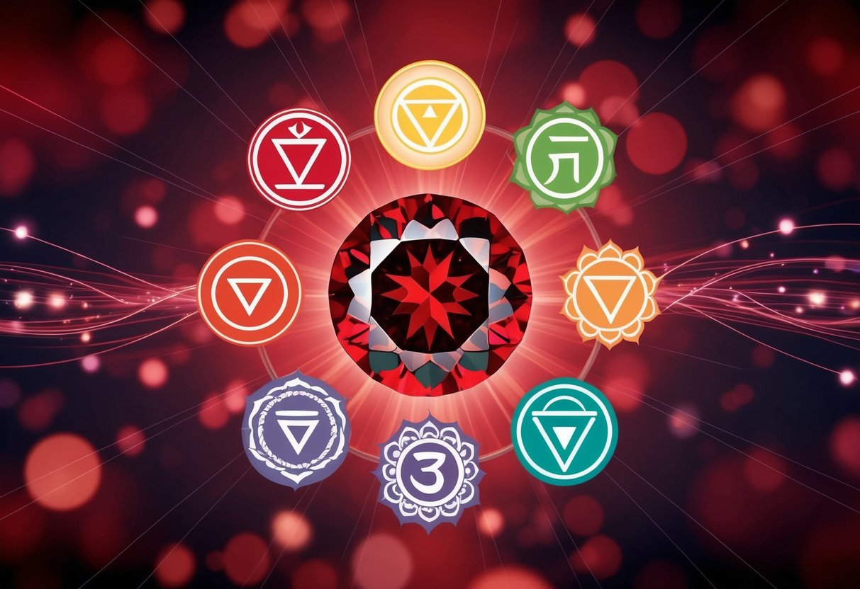A vibrant red garnet gem radiates energy, surrounded by swirling chakra symbols in various shades of red, representing energizing and regeneration