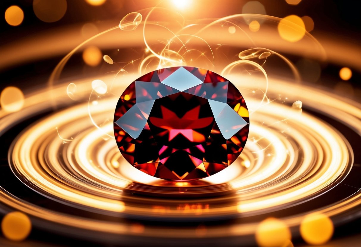 A vibrant garnet gemstone surrounded by swirling energy, emanating a warm, revitalizing glow