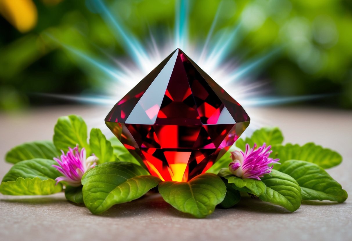 A vibrant garnet crystal radiates energy, surrounded by lush greenery and blooming flowers, symbolizing revitalization and renewal
