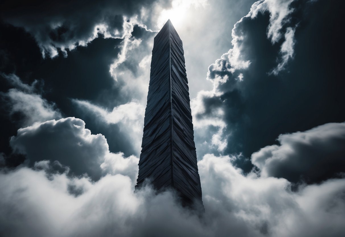 A towering obsidian shield stands amidst swirling black clouds, emanating an aura of impenetrable strength and unwavering truth