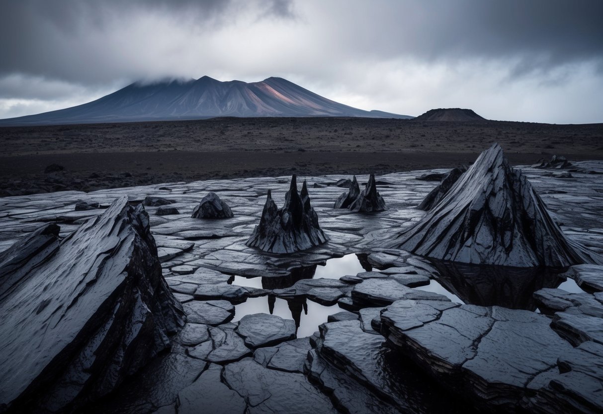 A rugged landscape of volcanic activity, with jagged obsidian formations jutting out from the earth. The dark, glossy rock reflects the surrounding terrain